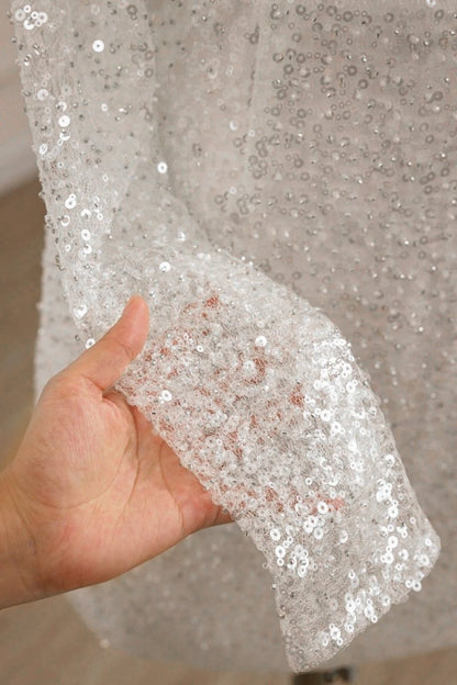 Chic Short Sequined Backless Wedding Dresses with Long Detachable Sleeves