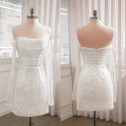 Chic Short Sequined Backless Wedding Dresses with Long Detachable Sleeves