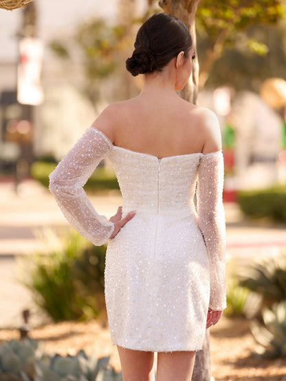 Chic Short Sequined Backless Wedding Dresses with Long Detachable Sleeves