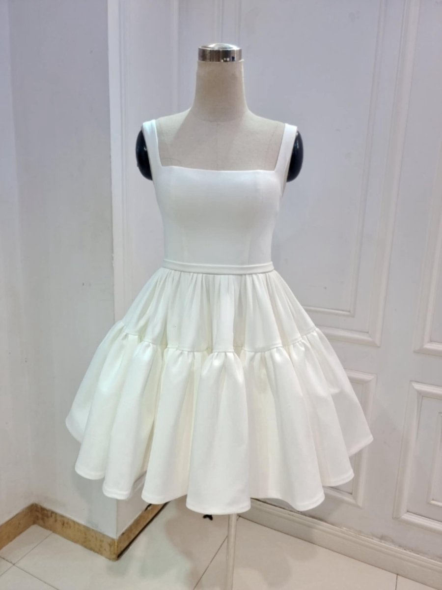 A-line Boat-Neck Mini-Length Sleeveless Satin Pleats Wedding Dresses