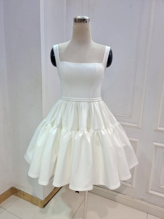 A-line Boat-Neck Mini-Length Sleeveless Satin Pleats Wedding Dresses