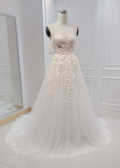 A-line Off the Shoulder Wedding Dresses with Flower Embroidery