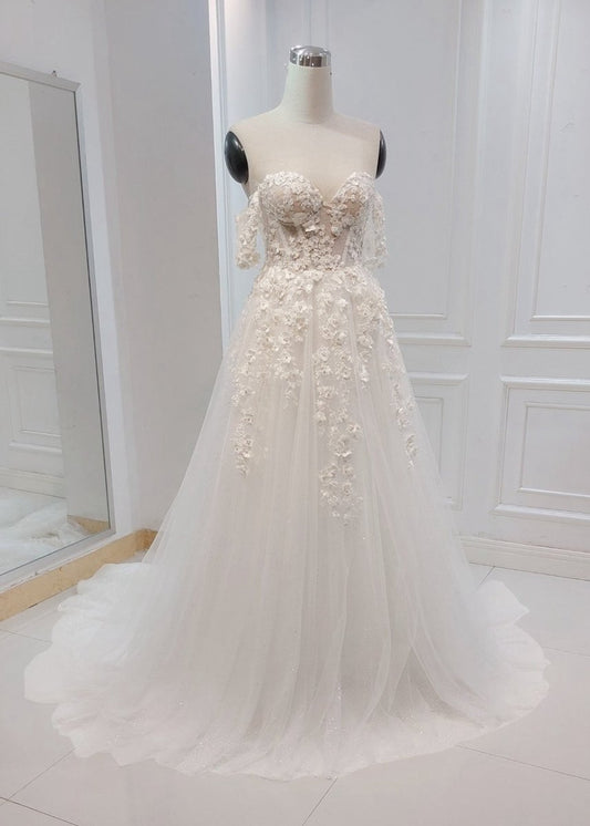 A-line Off the Shoulder Wedding Dresses with Flower Embroidery
