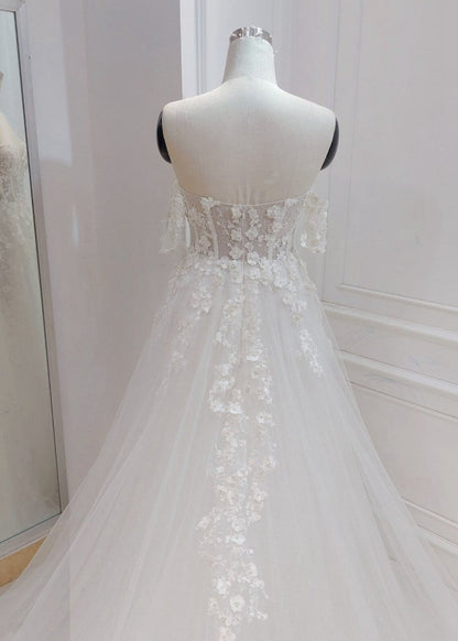 A-line Off the Shoulder Wedding Dresses with Flower Embroidery