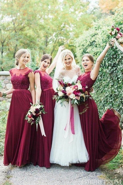 Round Neck Tulle Floor Length Bridesmaid Dresses