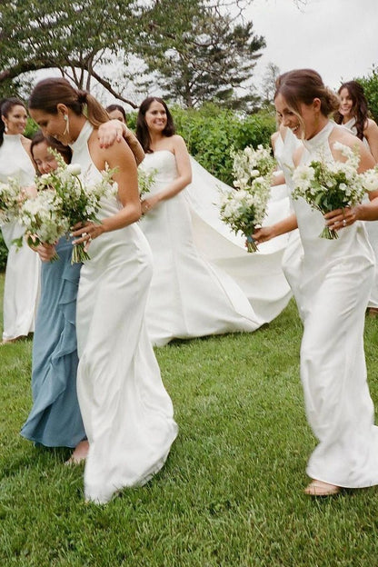 Sheath Halter Silk Satin Long Bridesmaid Dresses