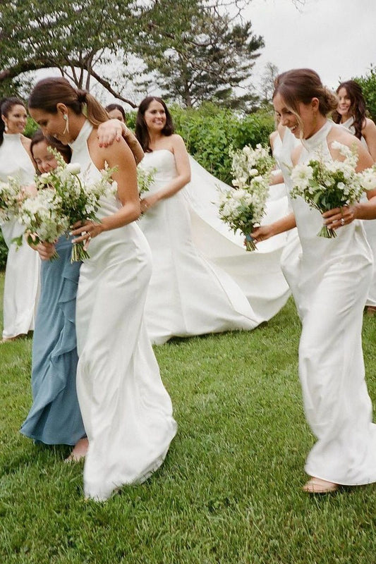 Sheath Halter Silk Satin Long Bridesmaid Dresses
