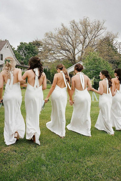 Sheath Halter Silk Satin Long Bridesmaid Dresses