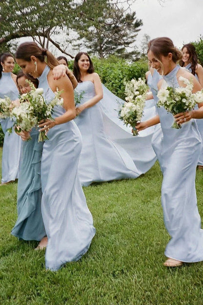 Sheath Halter Silk Satin Long Bridesmaid Dresses