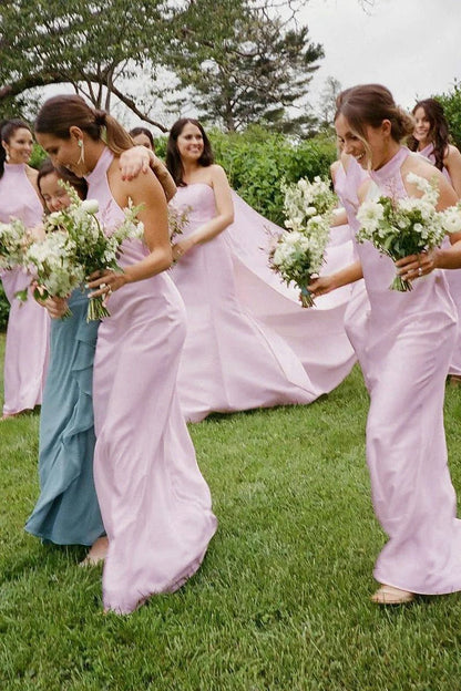 Sheath Halter Silk Satin Long Bridesmaid Dresses