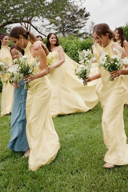Sheath Halter Silk Satin Long Bridesmaid Dresses
