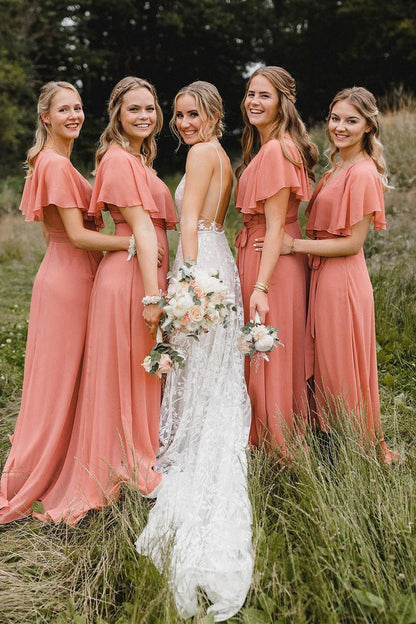 Simple A-line Coral Chiffon Long Bridesmaid Dresses