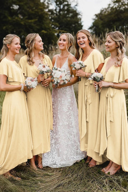 Simple A-line Coral Chiffon Long Bridesmaid Dresses