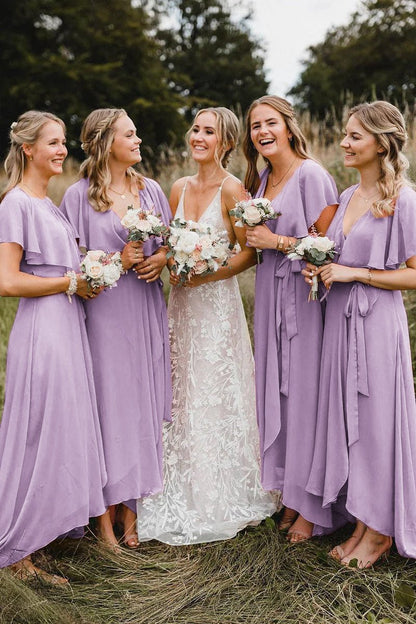 Simple A-line Coral Chiffon Long Bridesmaid Dresses
