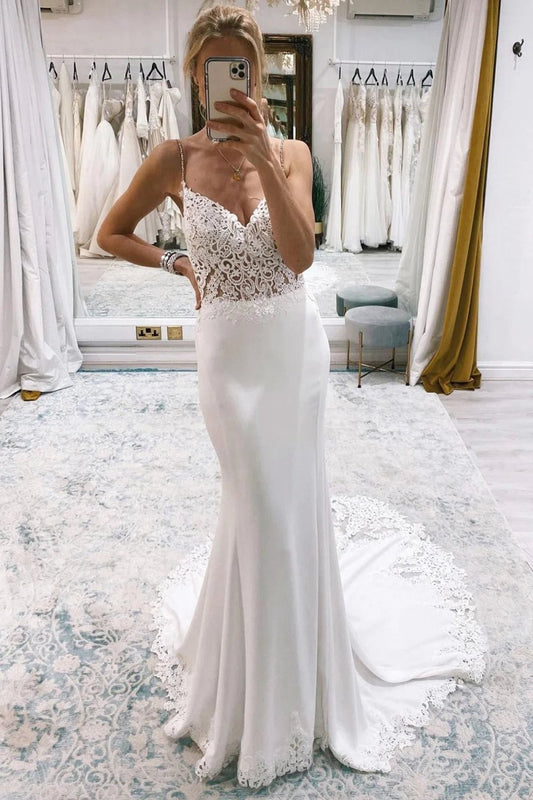 Stunning Mermaid V Neck Satin Lace Wedding Dresses with Train