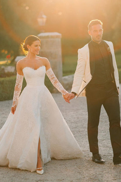 Vintage A-line Sweetheart Lace Wedding Dresses with Slit