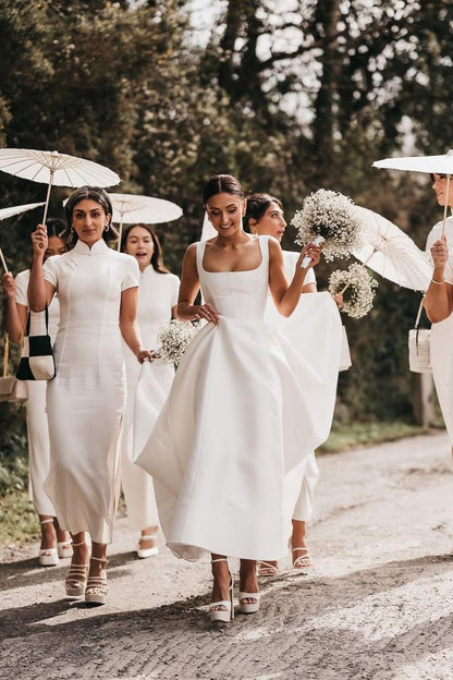 Simple A-line Square Neck Satin Wedding Dresses