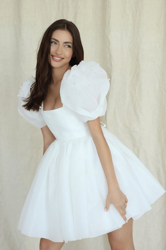 A-line Square-Neck Short Wedding Dresses with Puffy Pearls Sleeves