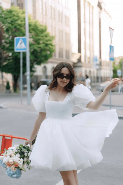 A-line Square-Neck Short Wedding Dresses with Puffy Pearls Sleeves