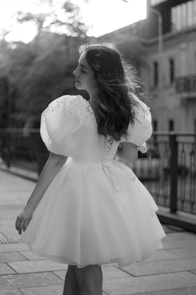 A-line Square-Neck Short Wedding Dresses with Puffy Pearls Sleeves