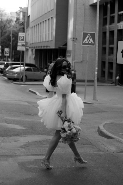 A-line Square-Neck Short Wedding Dresses with Puffy Pearls Sleeves