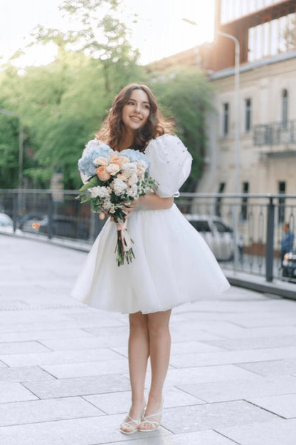 A-line Square-Neck Short Wedding Dresses with Puffy Pearls Sleeves