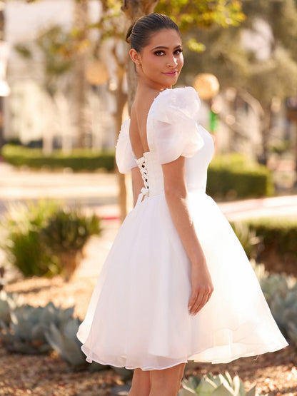 A-line Square-Neck Short Wedding Dresses with Puffy Pearls Sleeves