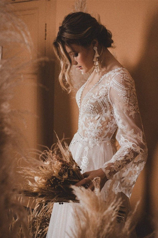 A-line Lace Top Flare Sleeves Open Back Wedding Dresses