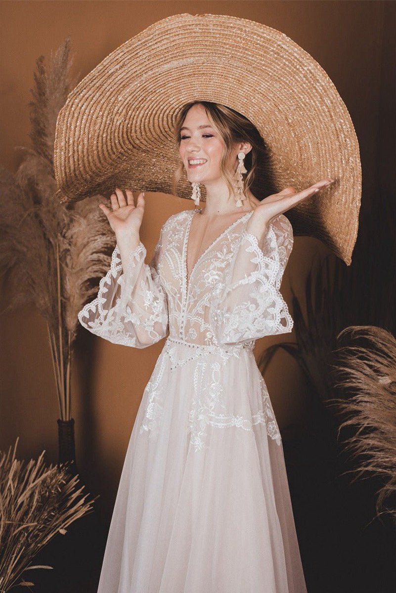 A-line Lace Top Flare Sleeves Open Back Wedding Dresses
