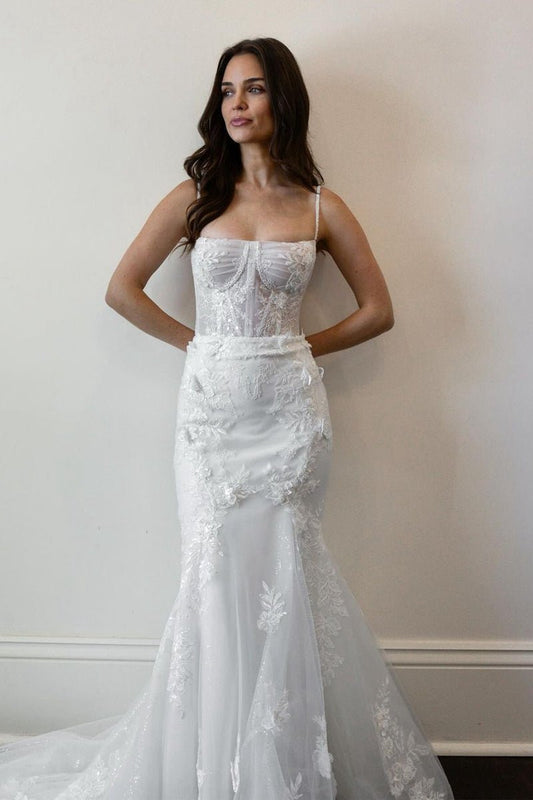 Mermaid Spaghetti Straps Tulle Wedding Dresses with Appliques