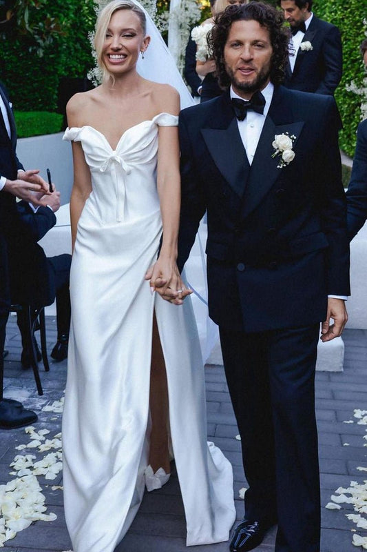 A-line Simple Off the Shoulder Satin Wedding Dresses