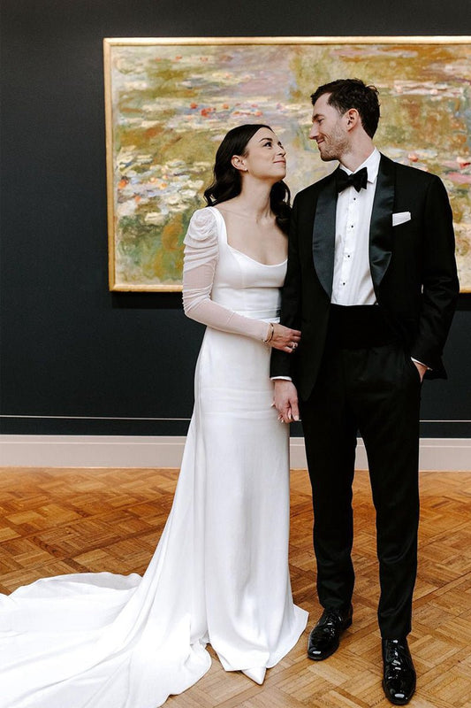 Mermaid Square Neck Long Sleeves Satin Wedding Dresses