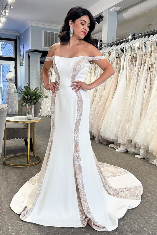 Simple Mermaid Off the Shoulder Satin Wedding Dresses with Appliques