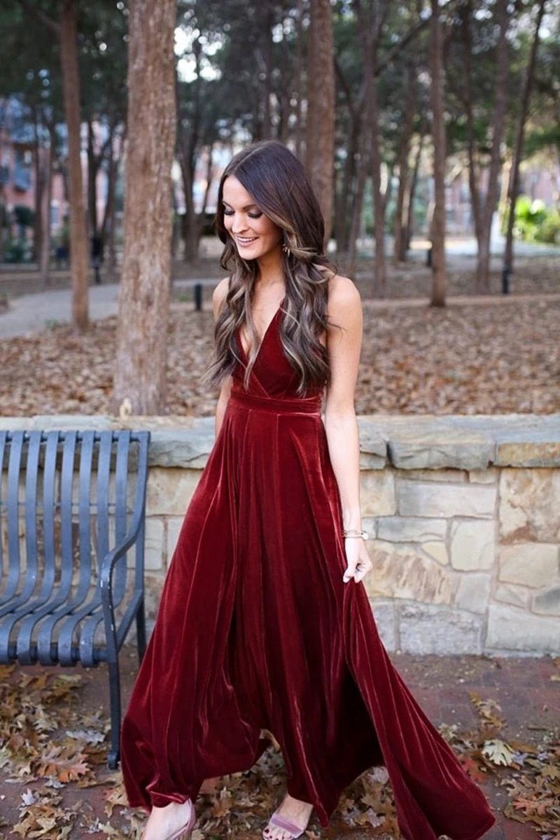 Elegant A-line Halter Backless Velvet Long Bridesmaid Dresses Prom Gown