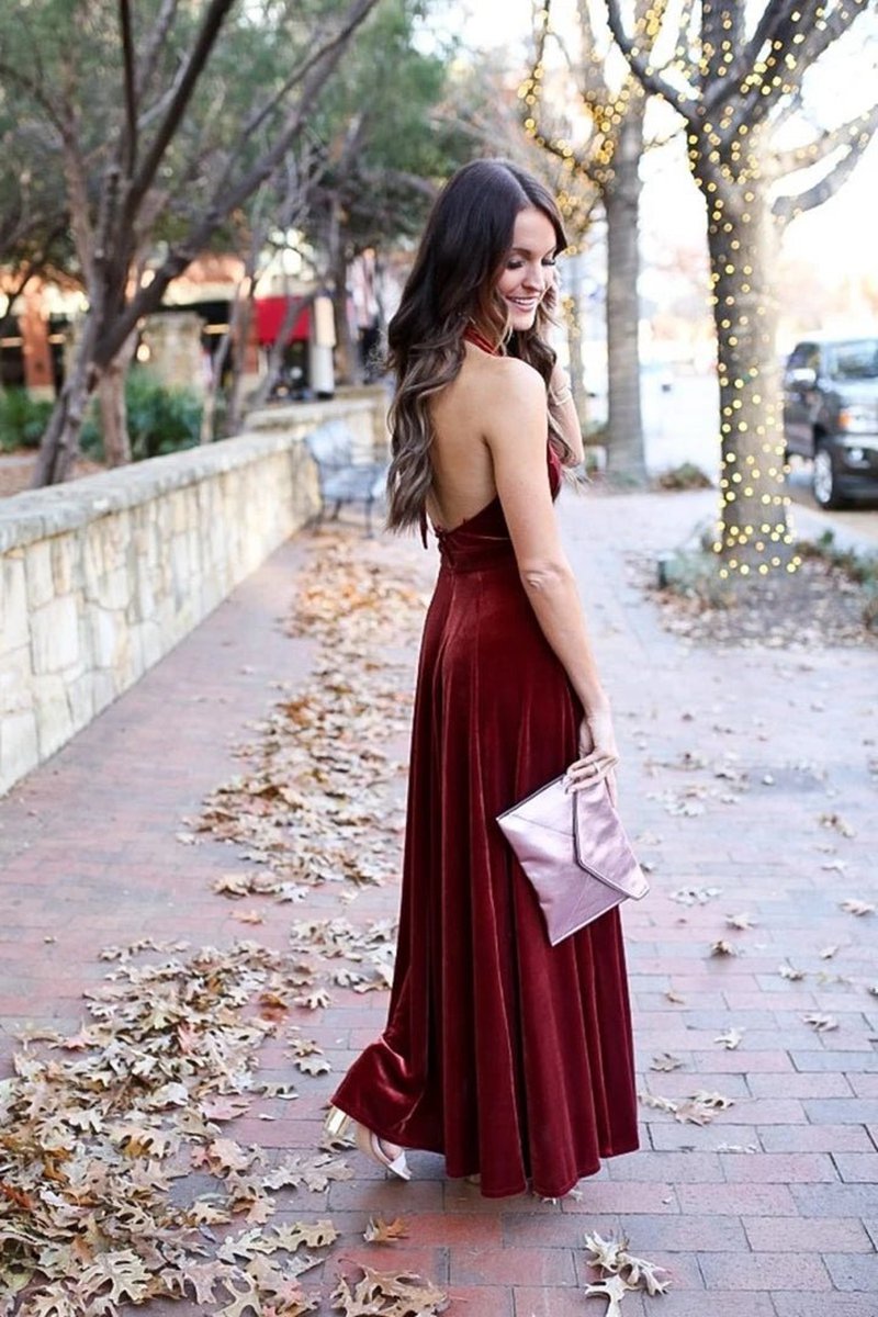 Elegant A-line Halter Backless Velvet Long Bridesmaid Dresses Prom Gown