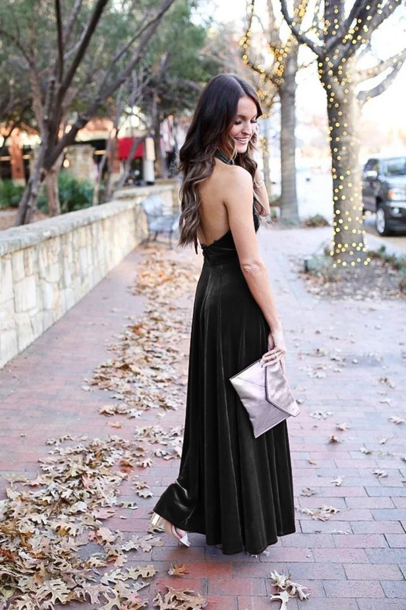Elegant A-line Halter Backless Velvet Long Bridesmaid Dresses Prom Gown