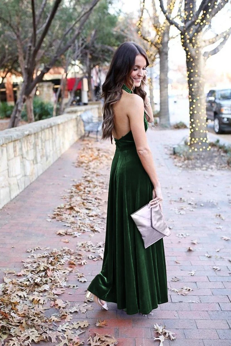 Elegant A-line Halter Backless Velvet Long Bridesmaid Dresses Prom Gown