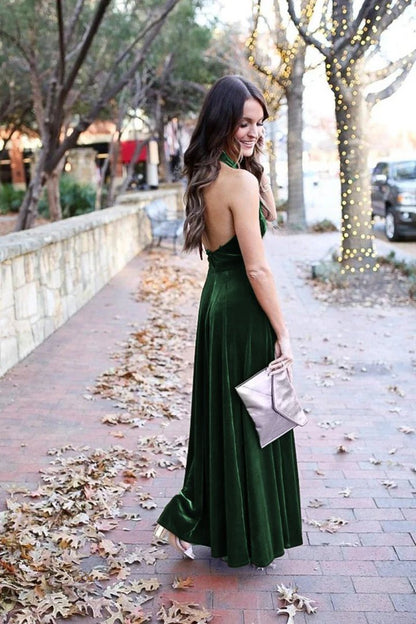 Elegant A-line Halter Backless Velvet Long Bridesmaid Dresses Prom Gown