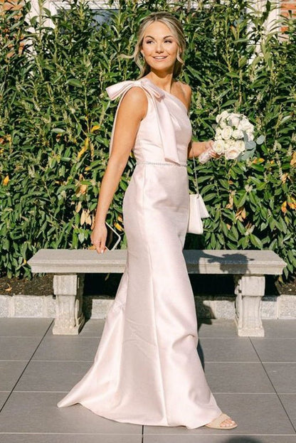 One Shoulder Satin Sheath Long Bridesmaid Dresses