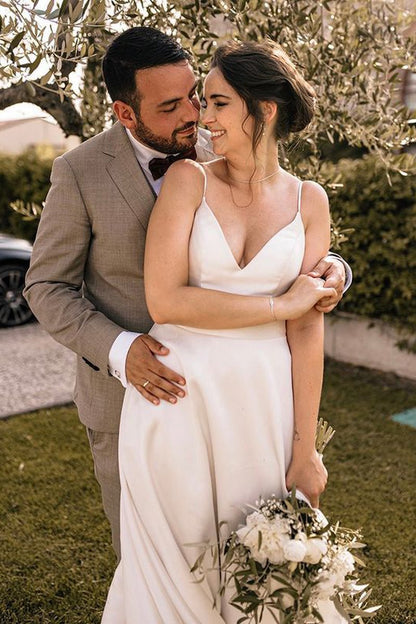 Elegant A-line V Neck Straps Satin Wedding Dresses