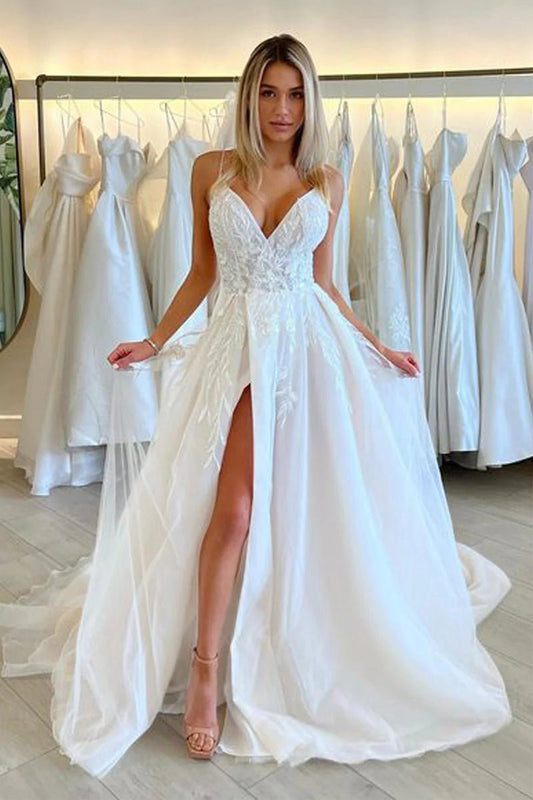 Gorgeous A-line V Neck Organza Long Wedding Dresses with Appliques
