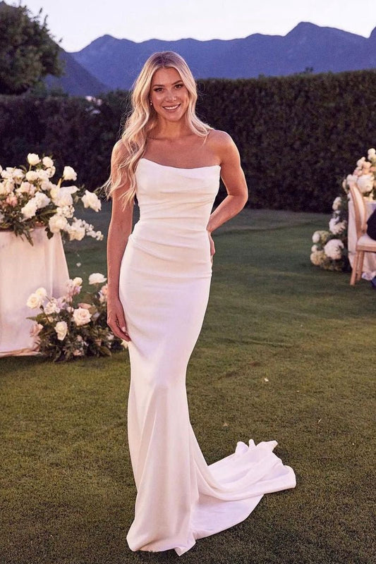 Elegant Mermaid Strapless Elastic Satin Wedding Dresses with Train