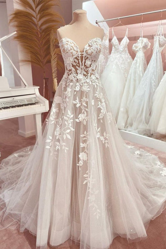 Fairy A-line Sweetheart Tulle Long Wedding Dresses with Appliques