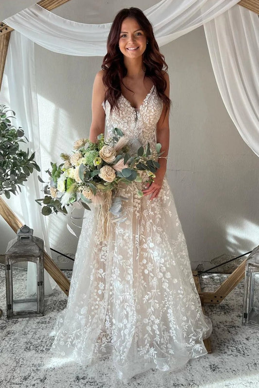 Exquisite A-line V Neck Lace Boho Wedding Dresses