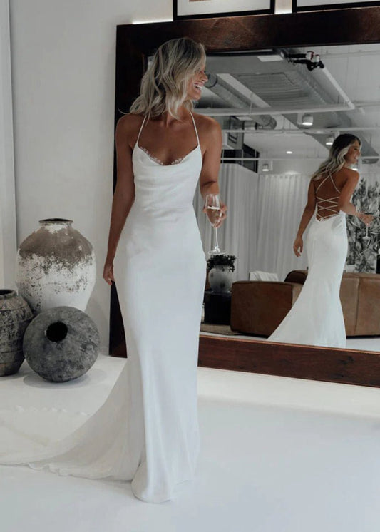 Mermaid Satin Spaghetti-Straps Wedding Dresses with Lace-Up Back