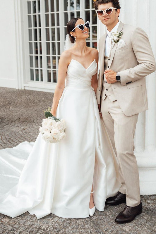 Elegant A-line Strapless Satin Wedding Dresses with Slit
