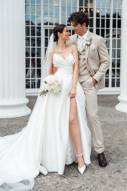 Elegant A-line Strapless Satin Wedding Dresses with Slit