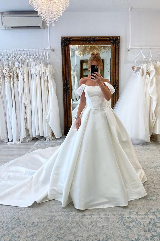 Elegant A-line Off the Shoulder Satin Wedding Dresses