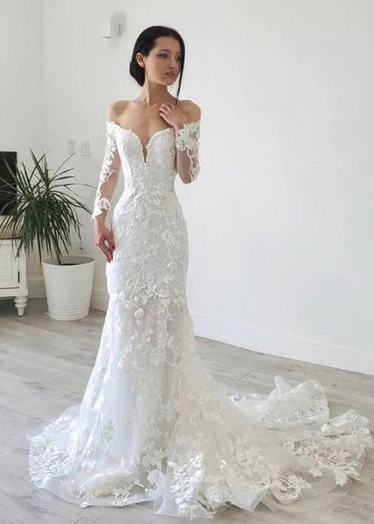 Elegant Mermaid Long Sleeve Off the Shoulder Lace Wedding Dresses