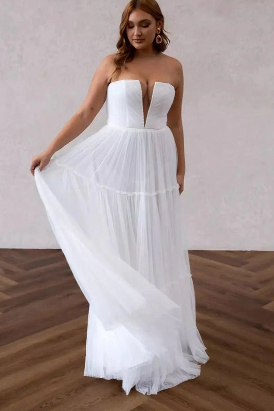 A-line V Neck Chiffon Long Wedding Dresses with Sweep Train